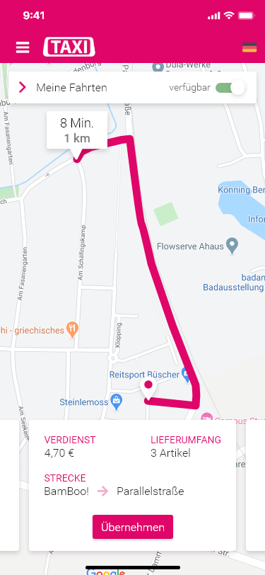 App homescreen showing driver availability status
